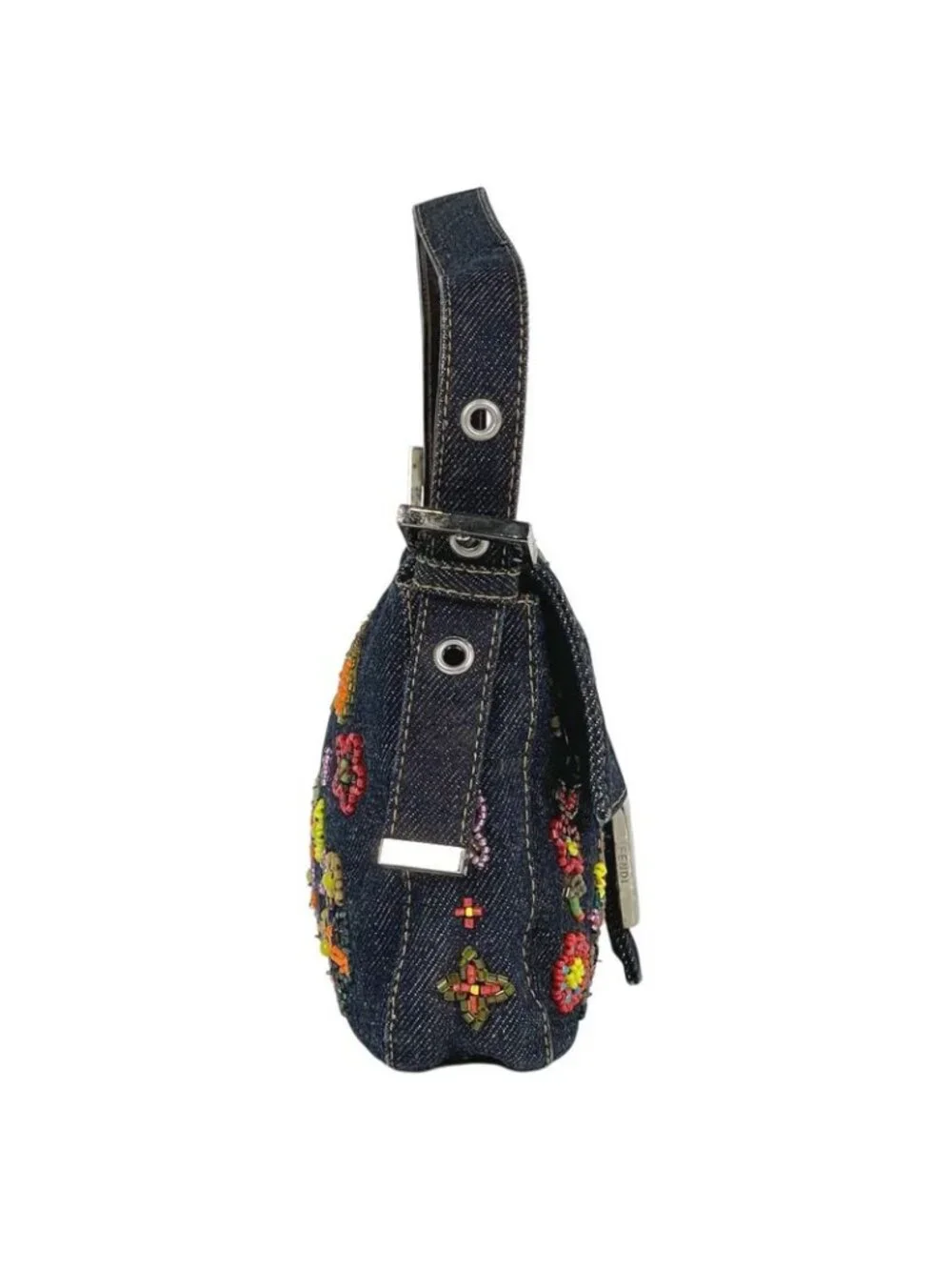 Fendi Zucca Pattern Mamma Baguette Beads Embroidery Shoulder Bag Denim Navy - Picture 4 of 15